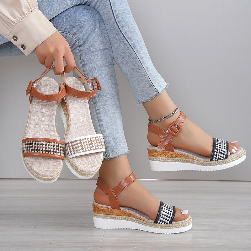 Houndstooth Print Sandals Women Summer Buckle Dress Shoes