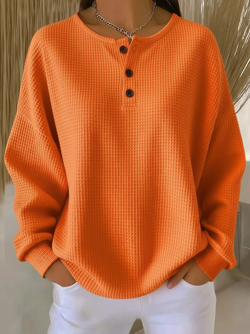 Ins Waffle Long-sleeved T-shirt Fashion Solid Color Buttons