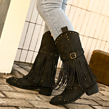 Retro Tassel Boots With Rivet Strap Buckle Design Shoes For Women