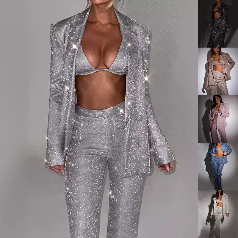 3pcs Shiny Long-sleeved Suit With Bra Lapel Blazer And Straight-leg