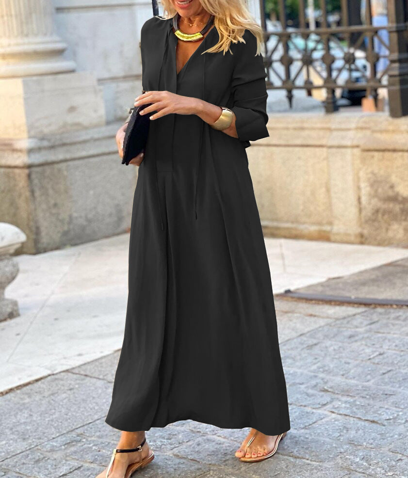 Long-sleeved Shirt Dress Fashion Loose V-neck Long Dresses