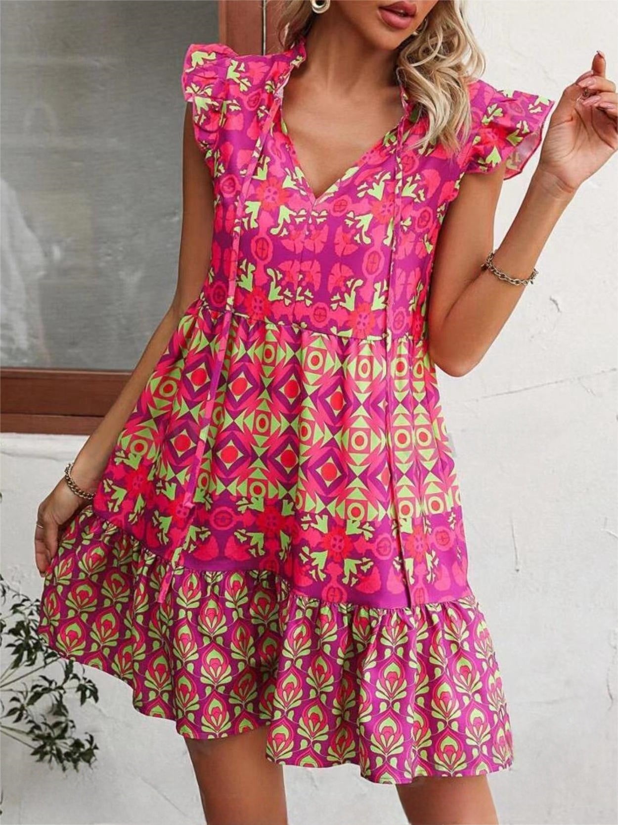 Printed Sleeveless Dress Summer Fashion V-Neck Lace-up