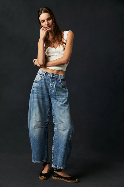 High Stretch Mid-Rise Barrel Jeans Fashion Wide Leg