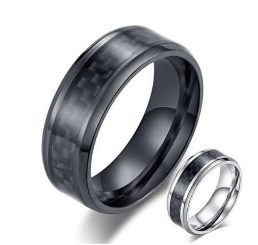 Black Carbon Fiber Inlay Men's Wedding Brand Ring Stainless Steel
