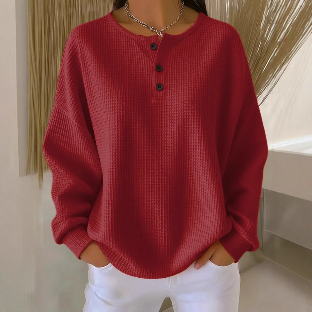 Ins Waffle Long-sleeved T-shirt Fashion Solid Color Buttons