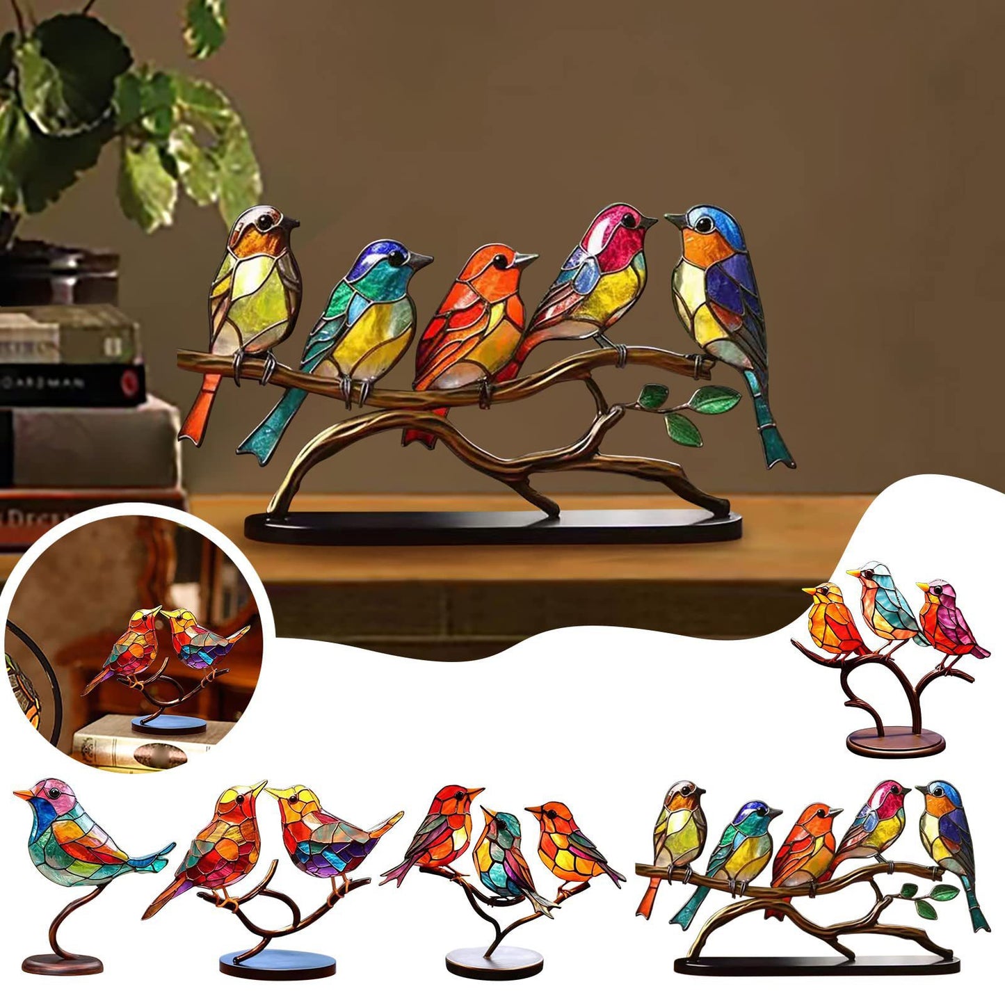 Stained Birds On Branch Desktop Ornaments For Bird Lover Home Decor