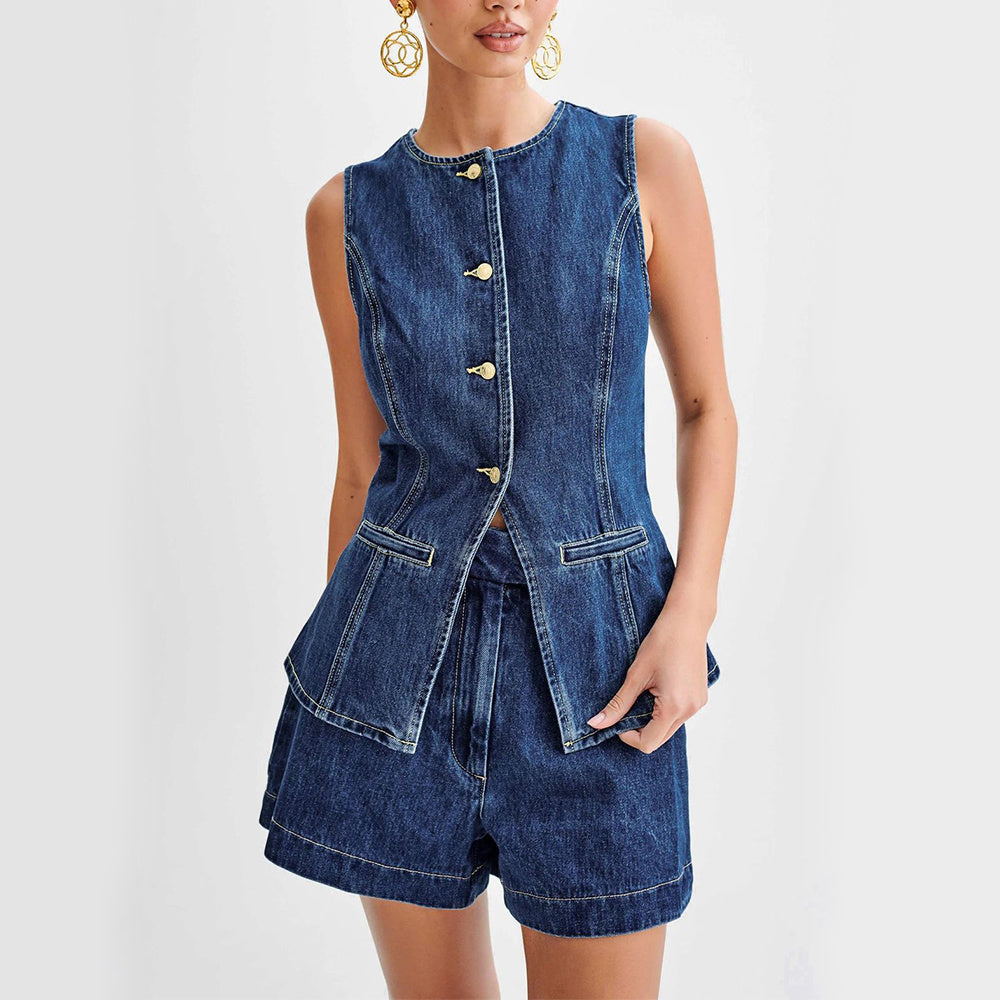 Fashion Denim Suit Summer Casual Sleeveless Button Vest