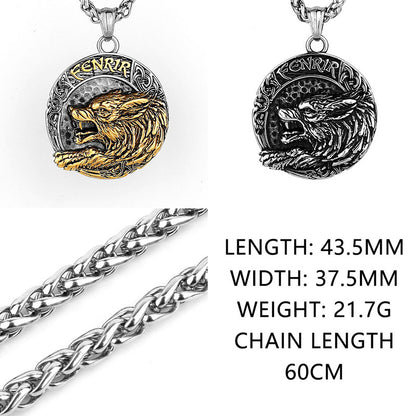 Viking Golden Wolf Fenrir Titanium Steel Pendant Nordic Letters