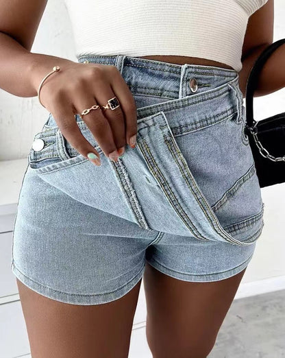 Y2K Street Vintage Denim Shorts Stretch Overlap Waist Wrap