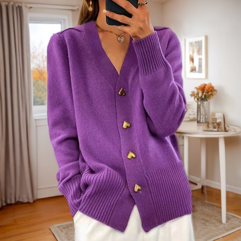 V-neck Knitted Sweater With Love Button Fashion Solid Long-sleeved