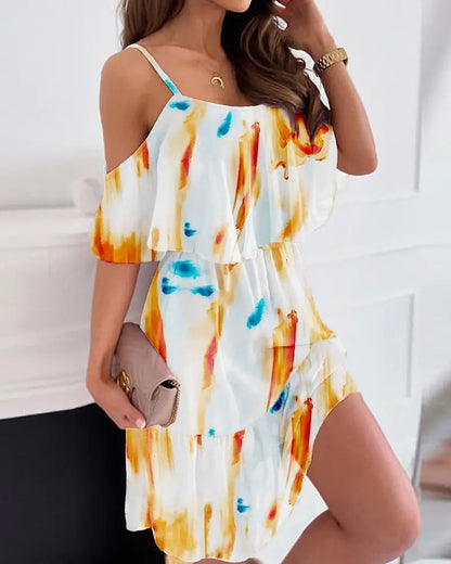 Flower Printed Ruffled Suspender Dress Summer