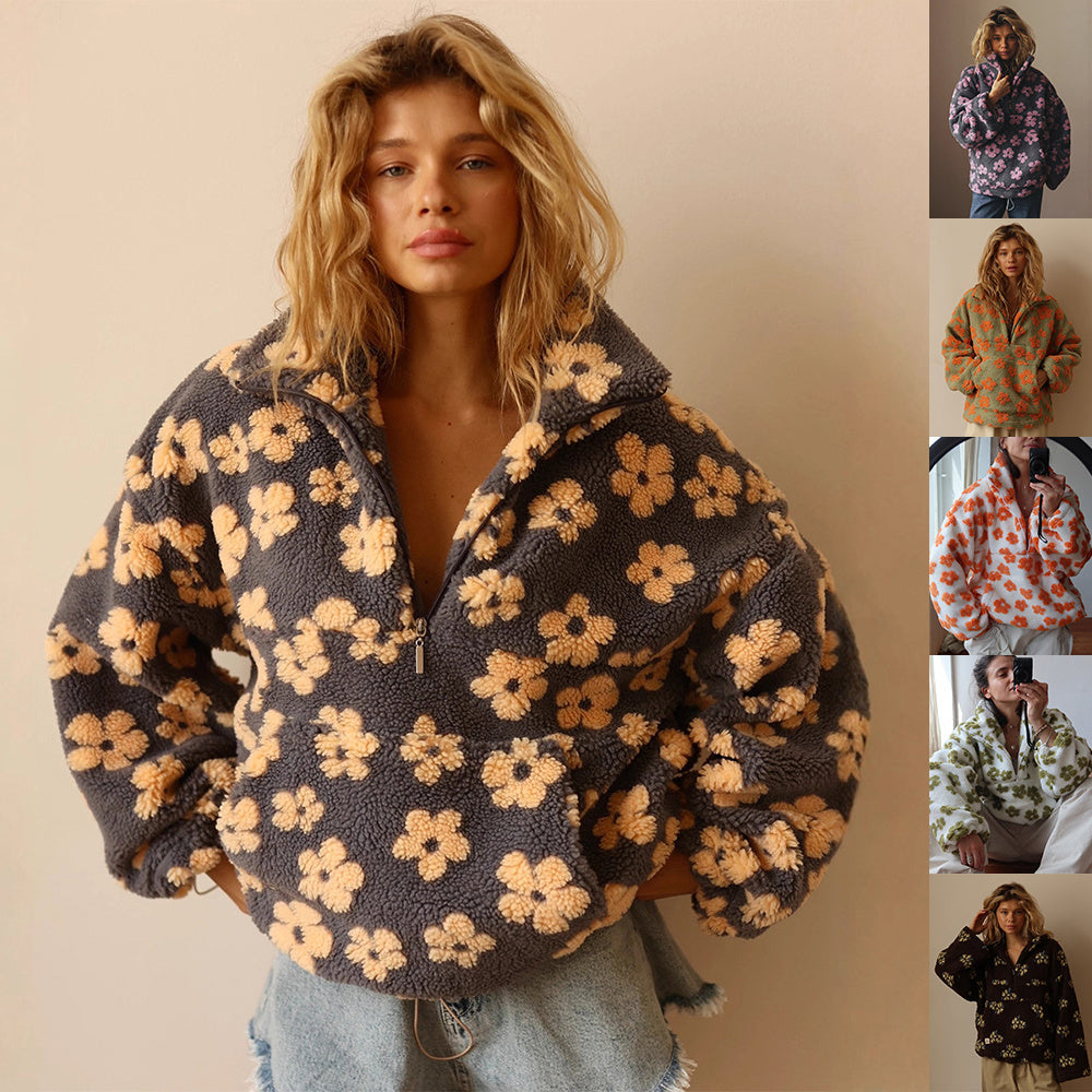 Winter Flowers Lambskin Sweatshirt With Big Pocket
