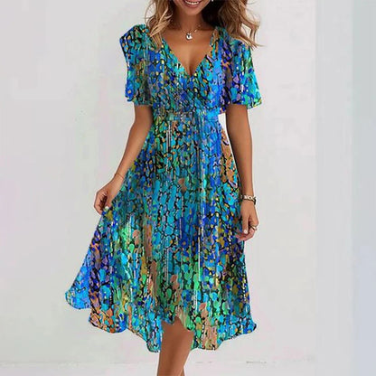 Chiffon Printed Short Sleeve Dress Summer Elegant