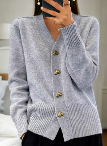 V-neck Knitted Sweater With Love Button Fashion Solid Long-sleeved