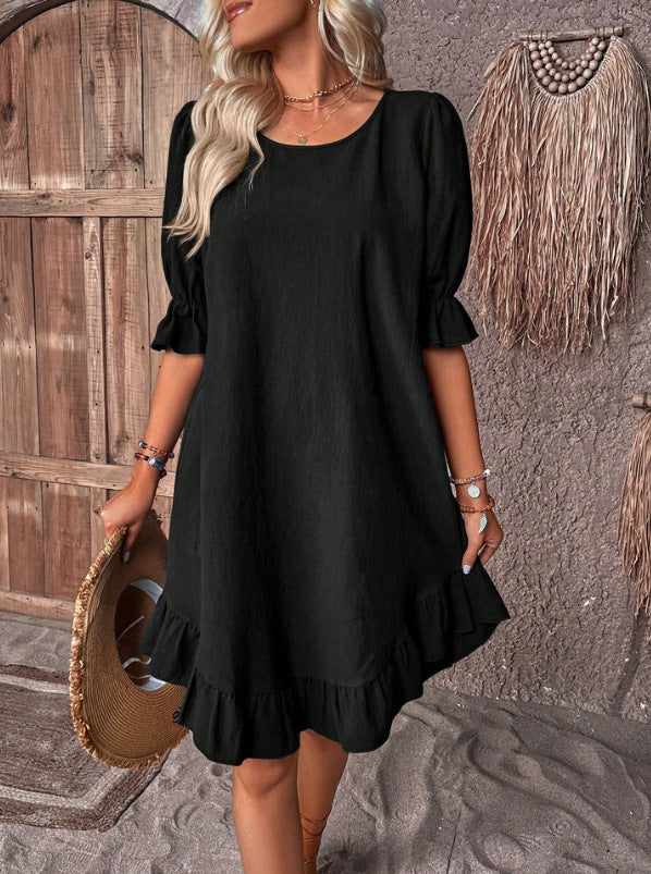 Fashion Ruffle Short-sleeved Dress Summer Solid Color Round Neck