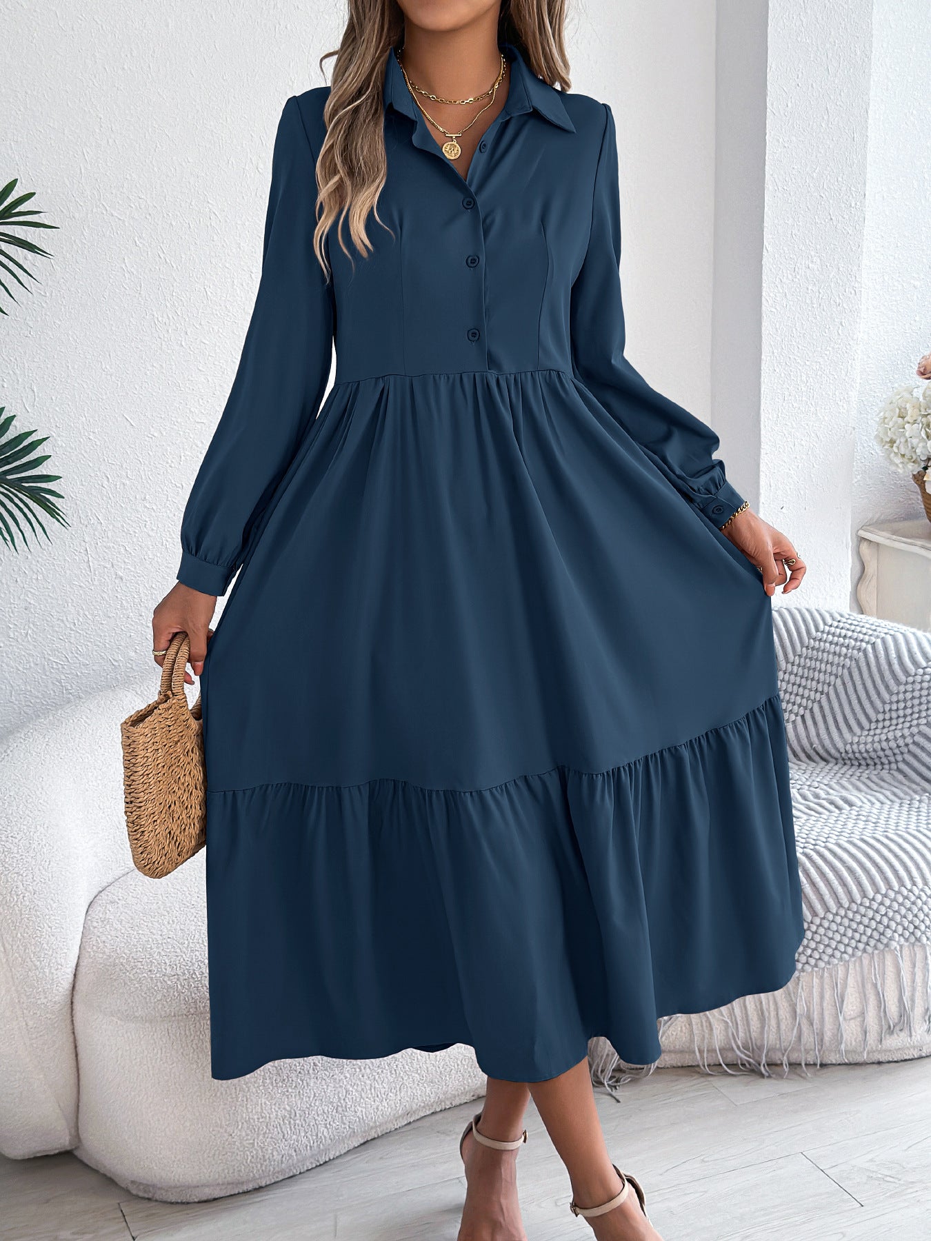 Women's Lapel Casual Loose Long Sleeve Ruffled Shirt Dresses