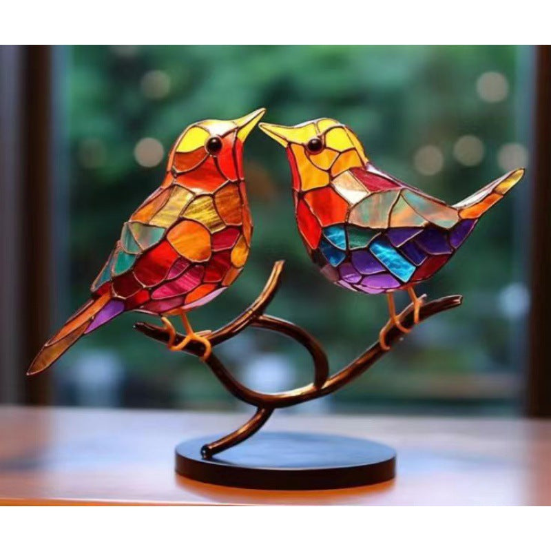 Stained Birds On Branch Desktop Ornaments For Bird Lover Home Decor