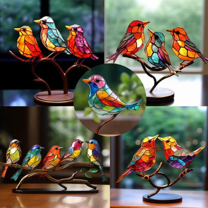 Stained Birds On Branch Desktop Ornaments For Bird Lover Home Decor