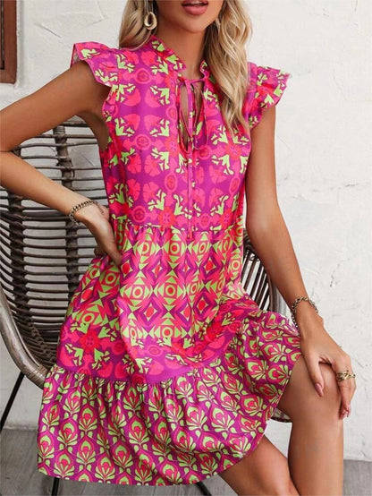 Printed Sleeveless Dress Summer Fashion V-Neck Lace-up