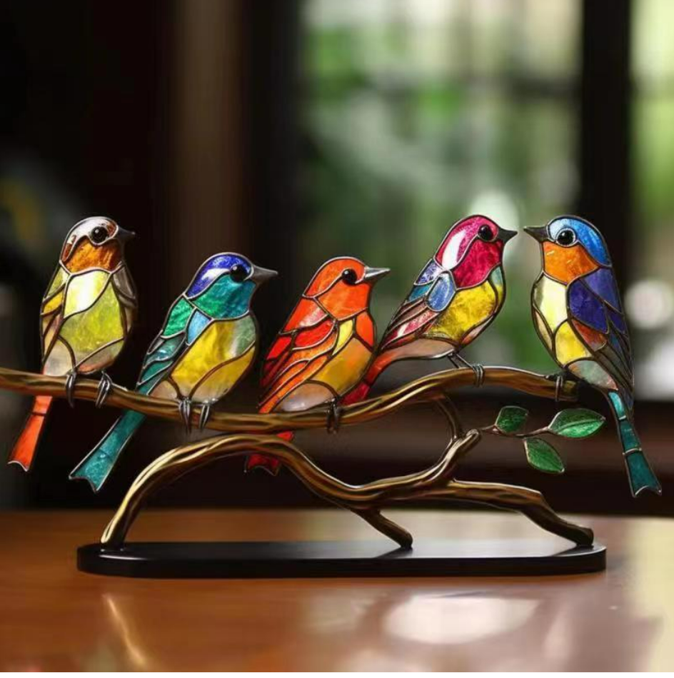 Stained Birds On Branch Desktop Ornaments For Bird Lover Home Decor