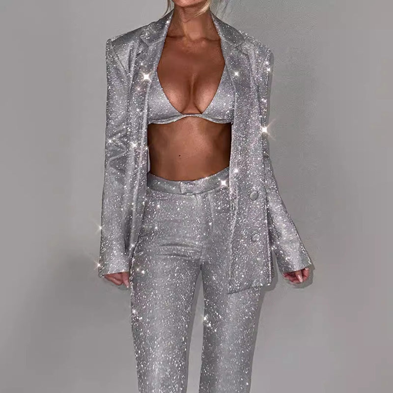 3pcs Shiny Long-sleeved Suit With Bra Lapel Blazer And Straight-leg