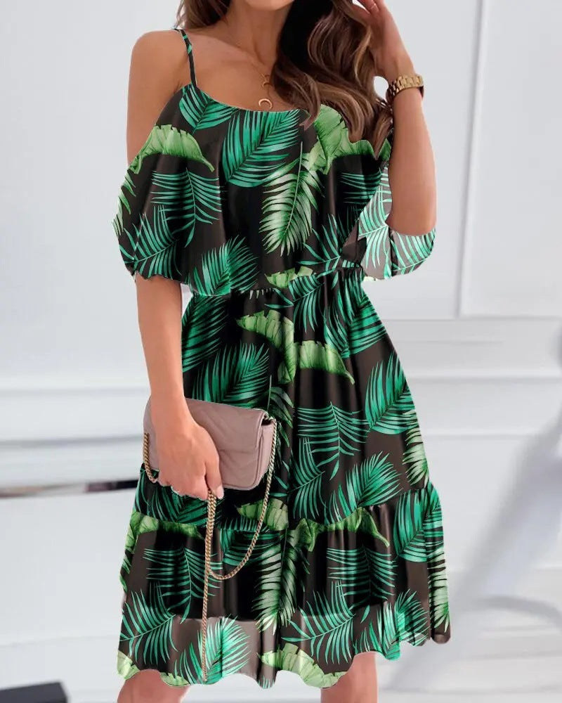 Flower Printed Ruffled Suspender Dress Summer