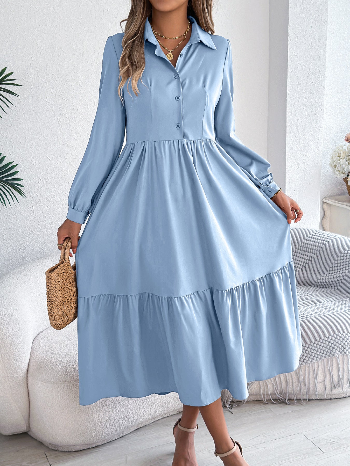 Women's Lapel Casual Loose Long Sleeve Ruffled Shirt Dresses