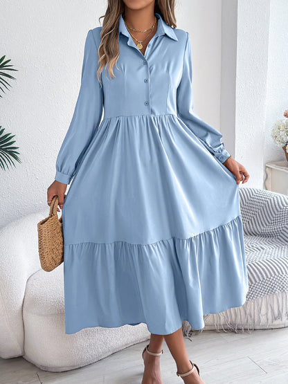 Women's Lapel Casual Loose Long Sleeve Ruffled Shirt Dresses
