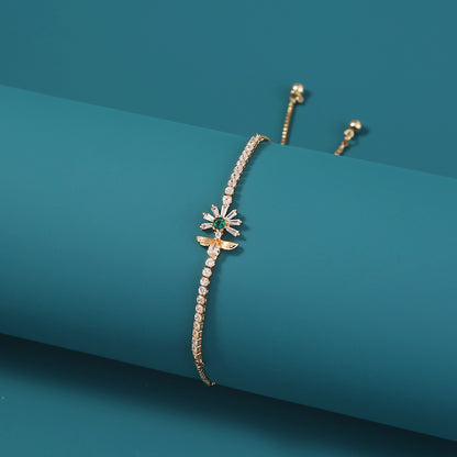 Copper Bee Chrysanthemum Gold Plated White Zircon Adjustable Pull Bracelet
