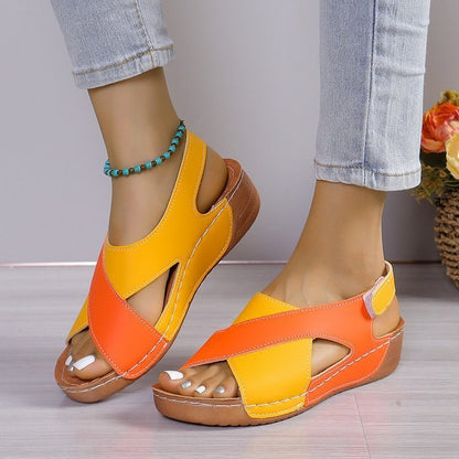 Summer Wedges Sandals With Colorblock Cross-strap Design