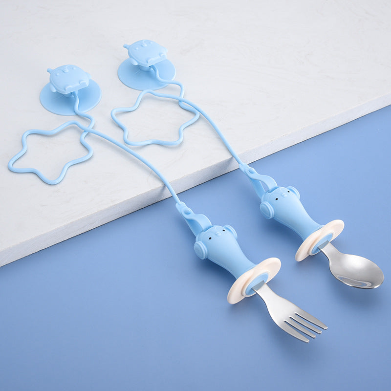 Infant Stainless Steel Training Spoon Fork Silicone Anti-drop Children's Spoon Suction Cup Anti-drop Chain