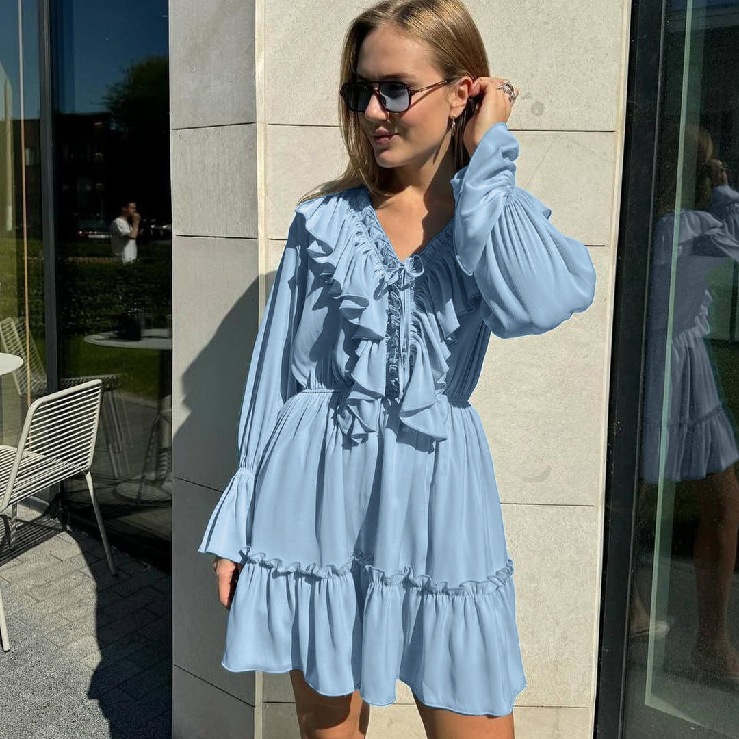 Fashion V Neck Pleated Ruffle Long Sleeve Dress