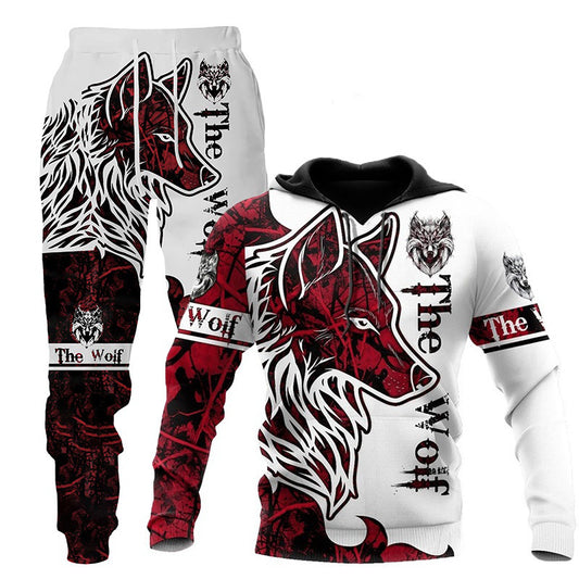3D Wolf Print Tracksuit Men Sportswear Hooded Sweatsuit