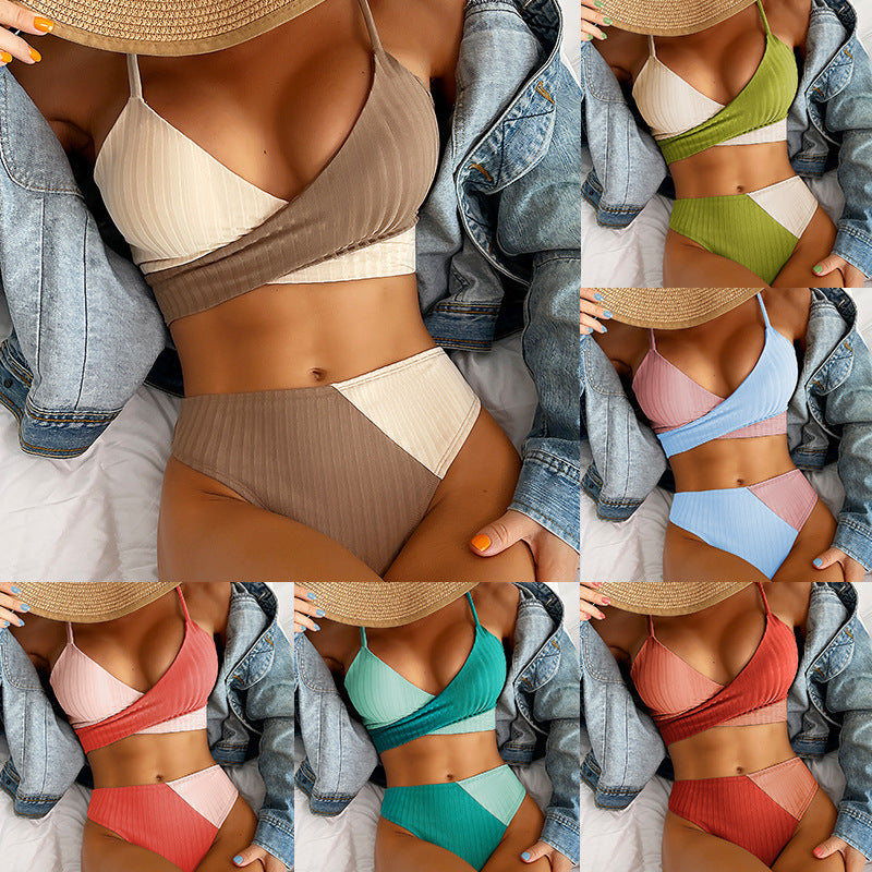 Bikini Patchwork Swimwear Ribbed Women's Swimsuit Knot Back Beachwear