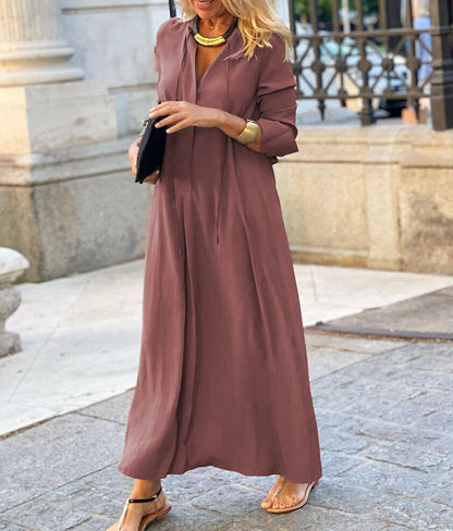 Long-sleeved Shirt Dress Fashion Loose V-neck Long Dresses