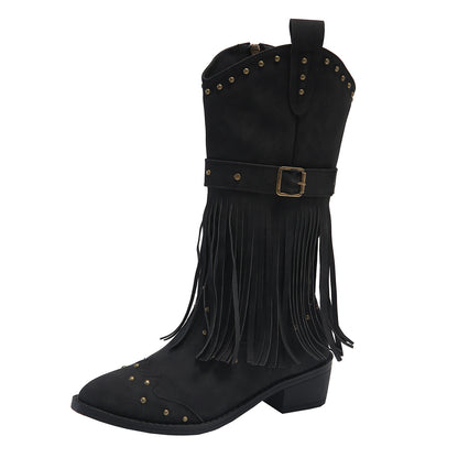 Retro Tassel Boots With Rivet Strap Buckle Design Shoes For Women