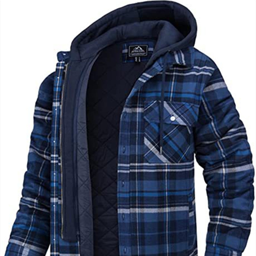 Men's Plaid Hooded Coat Winter Warm Button Zip-up Jacket
