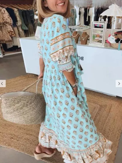 Summer Bohemian Print Lantern-Sleeved Dress Fashion