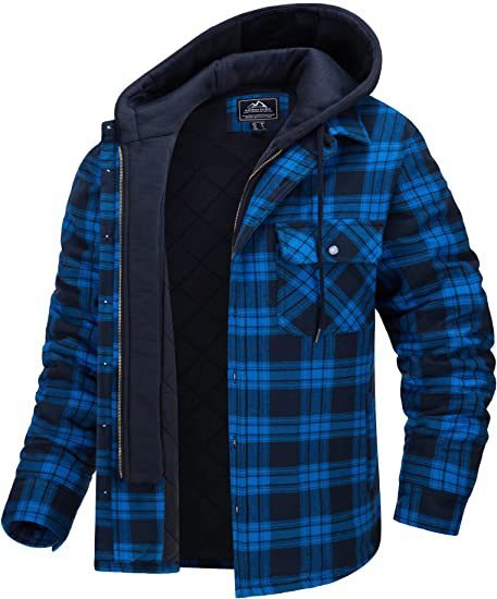 Men's Plaid Hooded Coat Winter Warm Button Zip-up Jacket