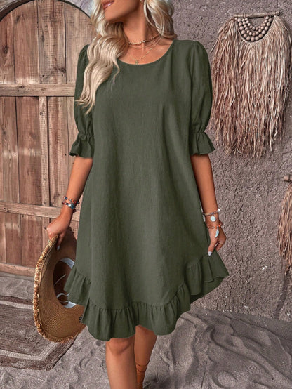 Fashion Ruffle Short-sleeved Dress Summer Solid Color Round Neck