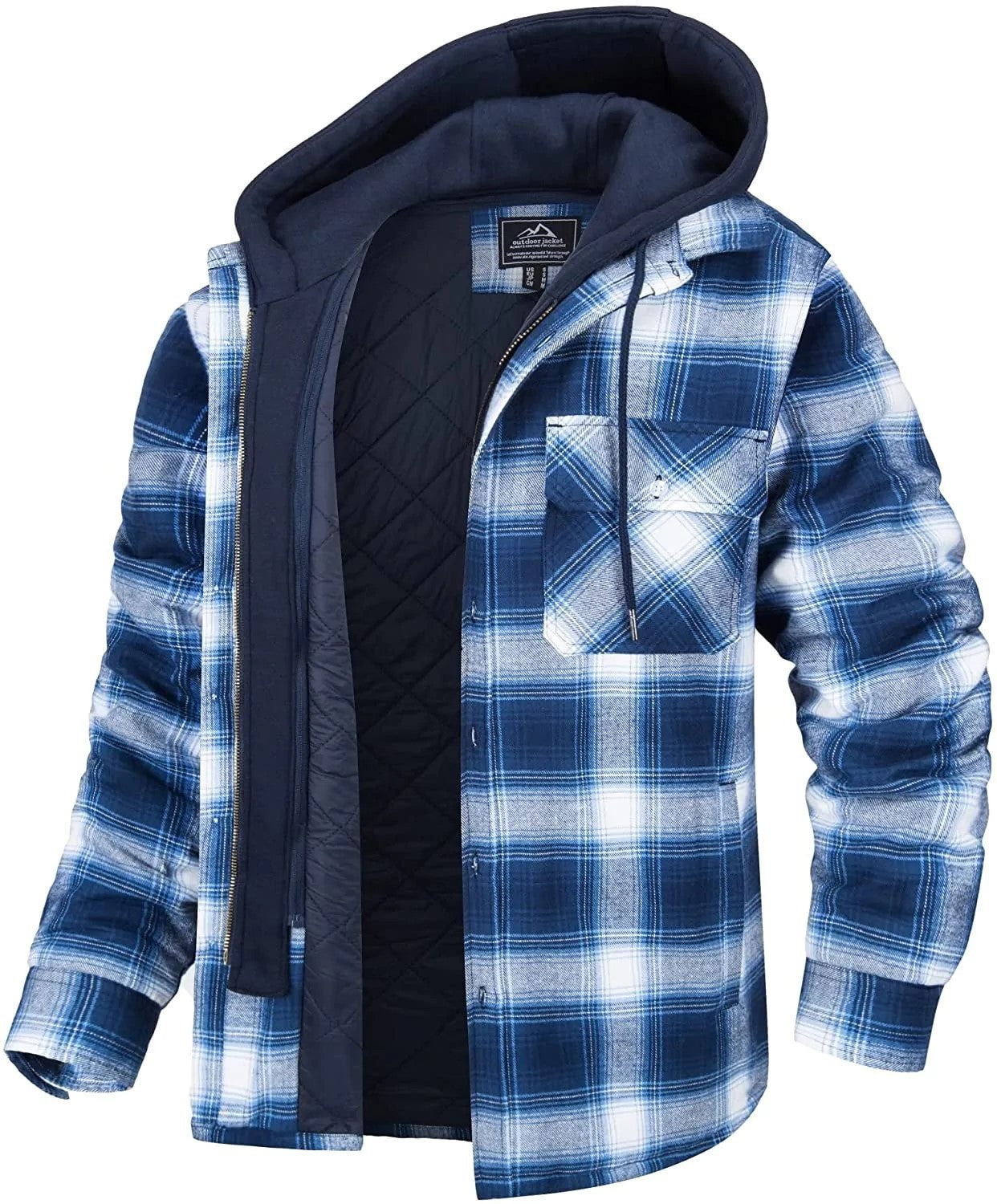 Men's Plaid Hooded Coat Winter Warm Button Zip-up Jacket