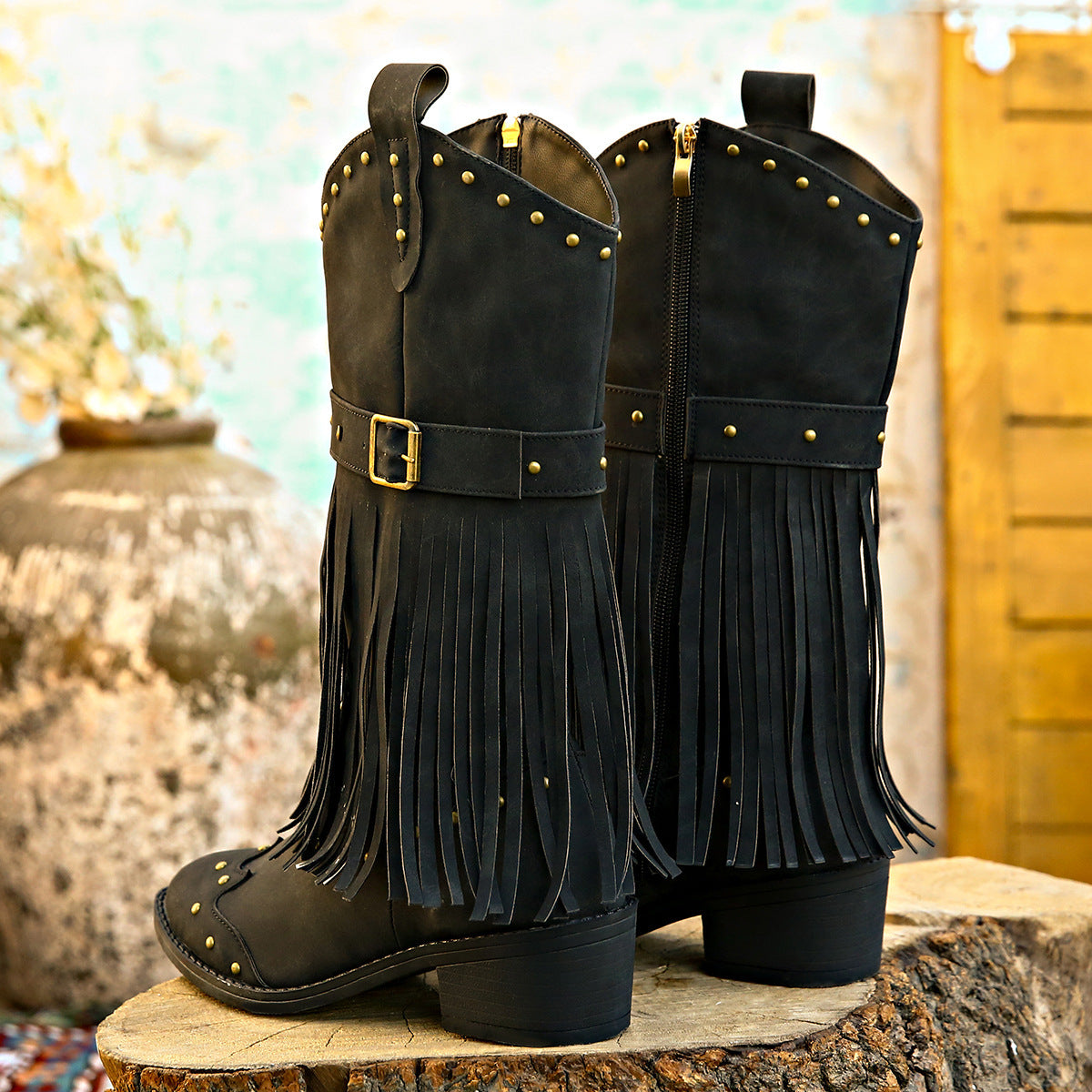 Retro Tassel Boots With Rivet Strap Buckle Design Shoes For Women