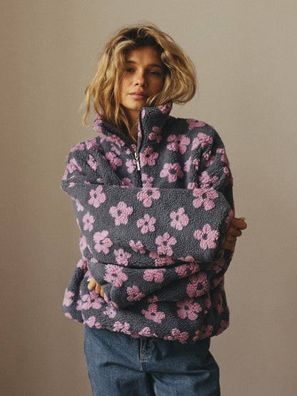 Winter Flowers Lambskin Sweatshirt With Big Pocket