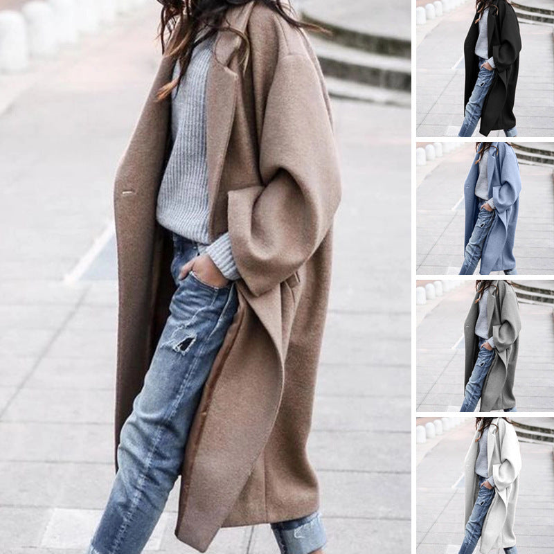 Casual Long Jacket With Pockets Solid Color Single Breasted Lapel