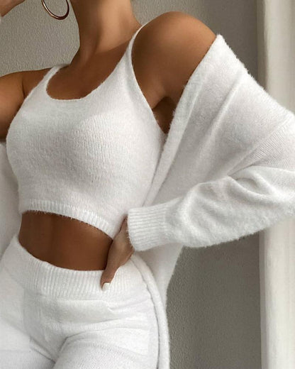 Women Fashion Solid Fluffy Plain Crop Top & Skinny Pants