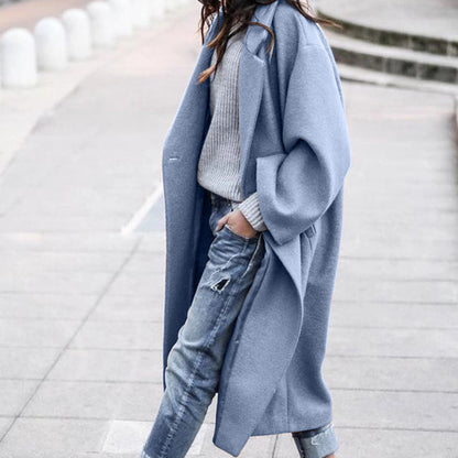 Casual Long Jacket With Pockets Solid Color Single Breasted Lapel