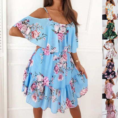 Flower Printed Ruffled Suspender Dress Summer