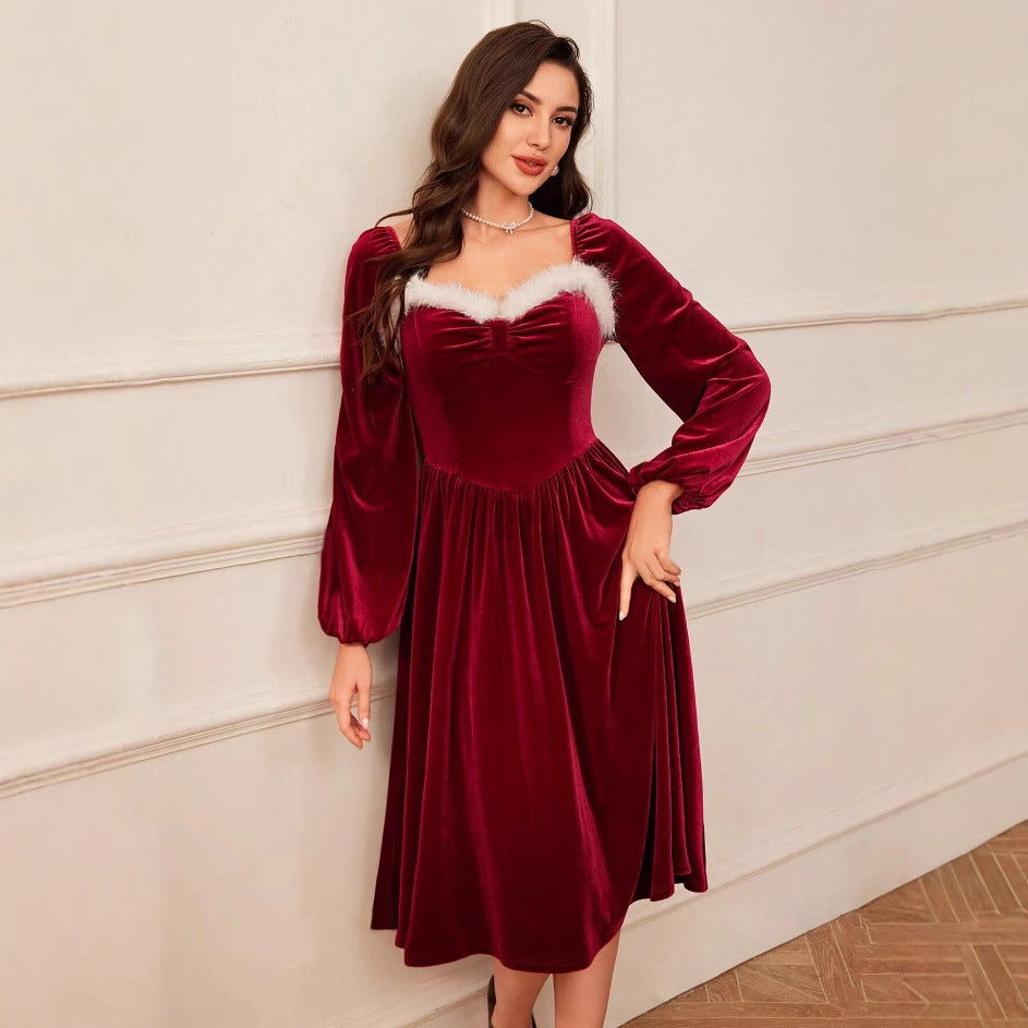 Women's Vintage Christmas Party Long Sleeve Red Velvet Dress