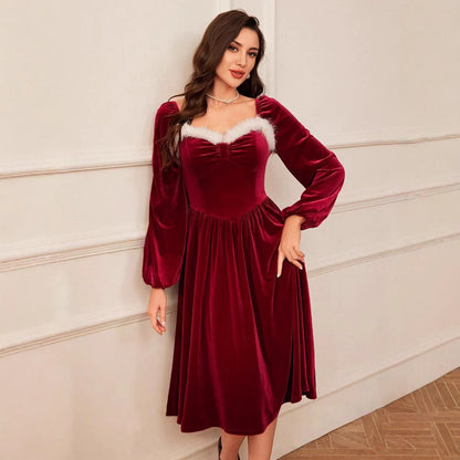 Women's Vintage Christmas Party Long Sleeve Red Velvet Dress