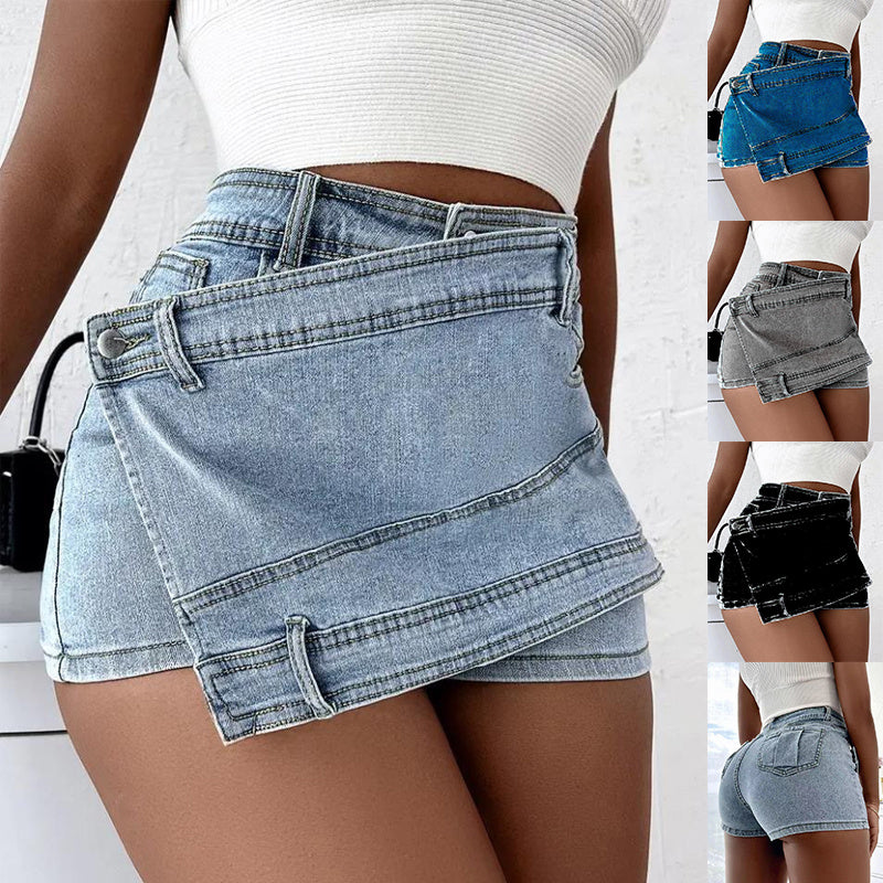 Y2K Street Vintage Denim Shorts Stretch Overlap Waist Wrap